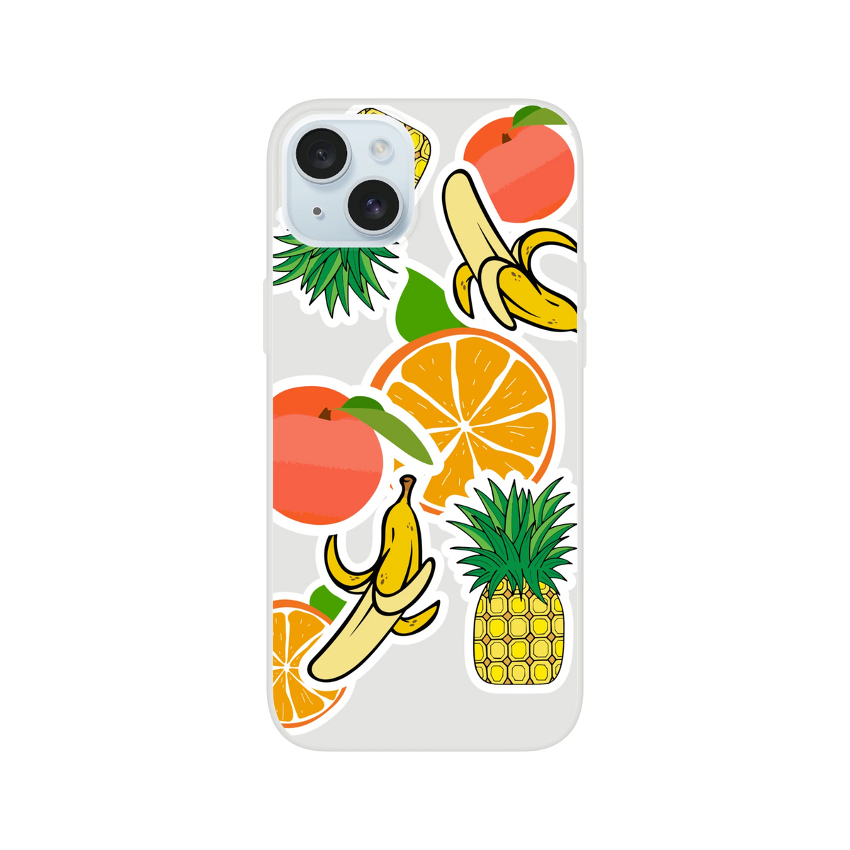 Transparent iPhone case featuring bold sticker-style graphics of oranges, peeled bananas, pineapples, and peaches.