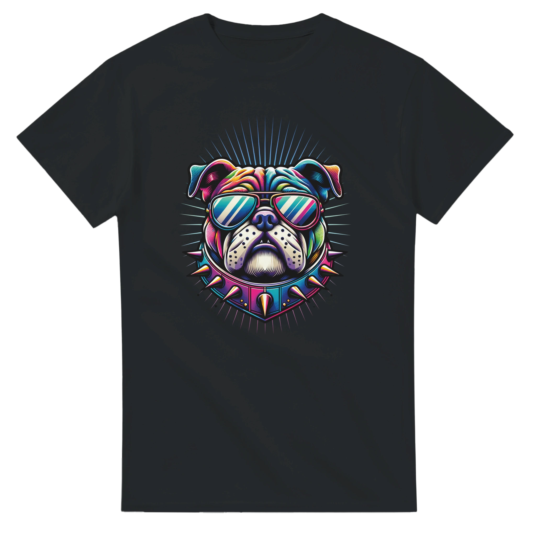 Black men's graphic tee with a neon bulldog wearing sunglasses and a spiked collar.