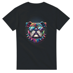 Black men's graphic tee with a neon bulldog wearing sunglasses and a spiked collar.