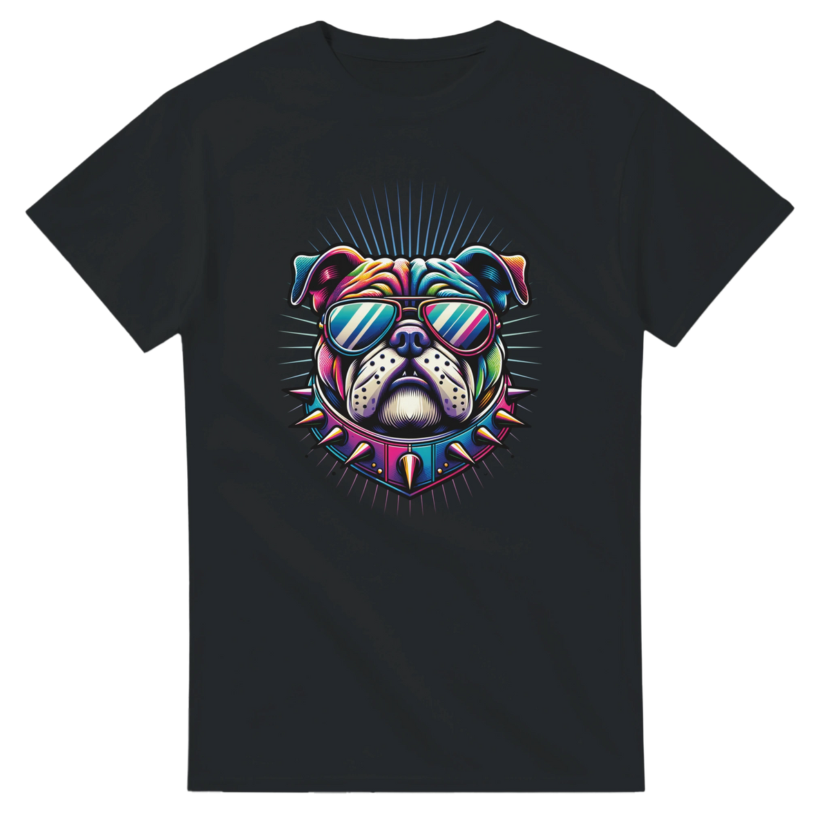 Black men's graphic tee with a neon bulldog wearing sunglasses and a spiked collar.