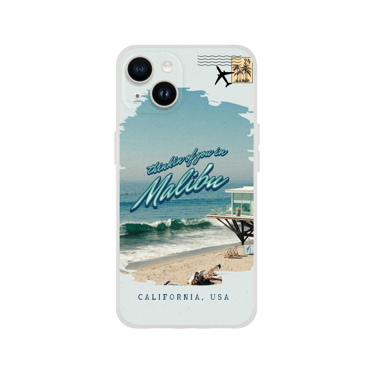 Vintage postcard iPhone case Malibu Holiday for iPhone 13-16 featuring retro beach scene and Malibu script.