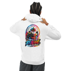 White men's hoodie back featuring colorful Redline graphic with palm trees and tachometer for petrolhead streetwear.