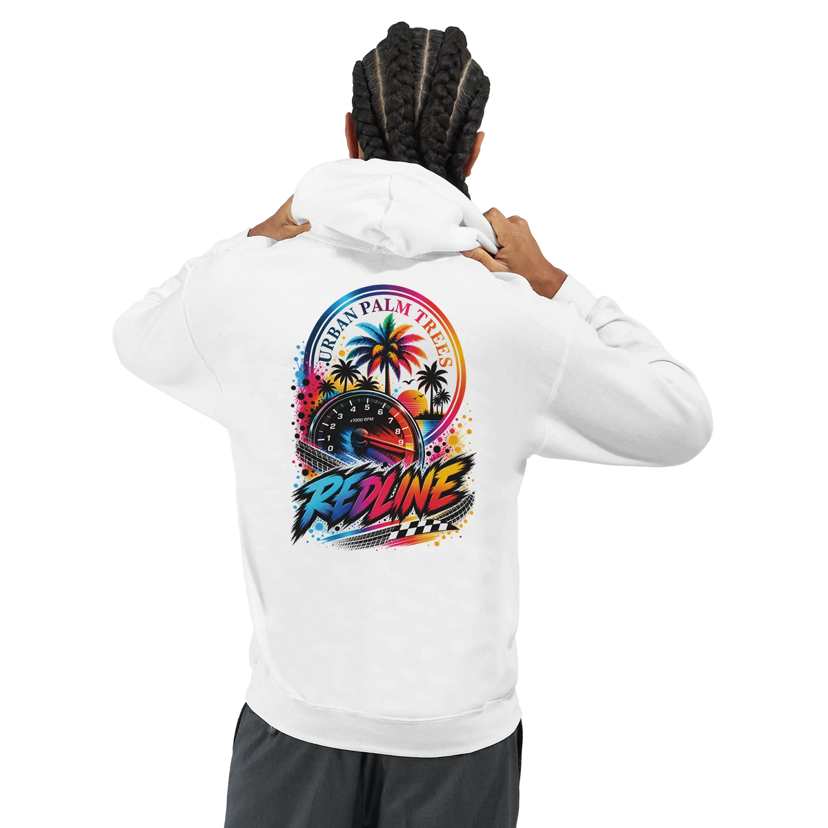 White men's hoodie back featuring colorful Redline graphic with palm trees and tachometer for petrolhead streetwear.