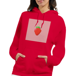 Red retro hoodie featuring a vintage strawberry graphic on a gingham pattern, blending nostalgia with urban athleisure style.