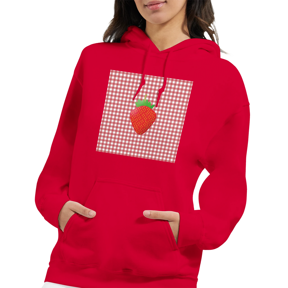 Red retro hoodie featuring a vintage strawberry graphic on a gingham pattern, blending nostalgia with urban athleisure style.
