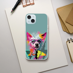 Funny Dog iPhone Case for iPhone 13-16 with retro dog art and pink glasses on teal background