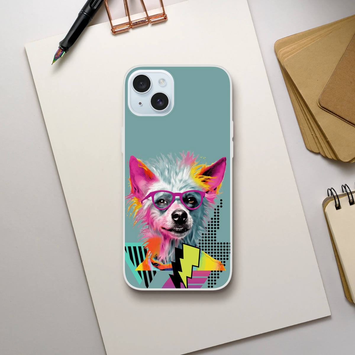Funny Dog iPhone Case for iPhone 13-16 with retro dog art and pink glasses on teal background
