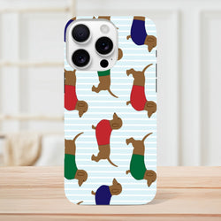 Cute Dachshund iPhone case featuring a playful sausage dog pattern in red and green sweaters on blue stripes. Tough phone cover.