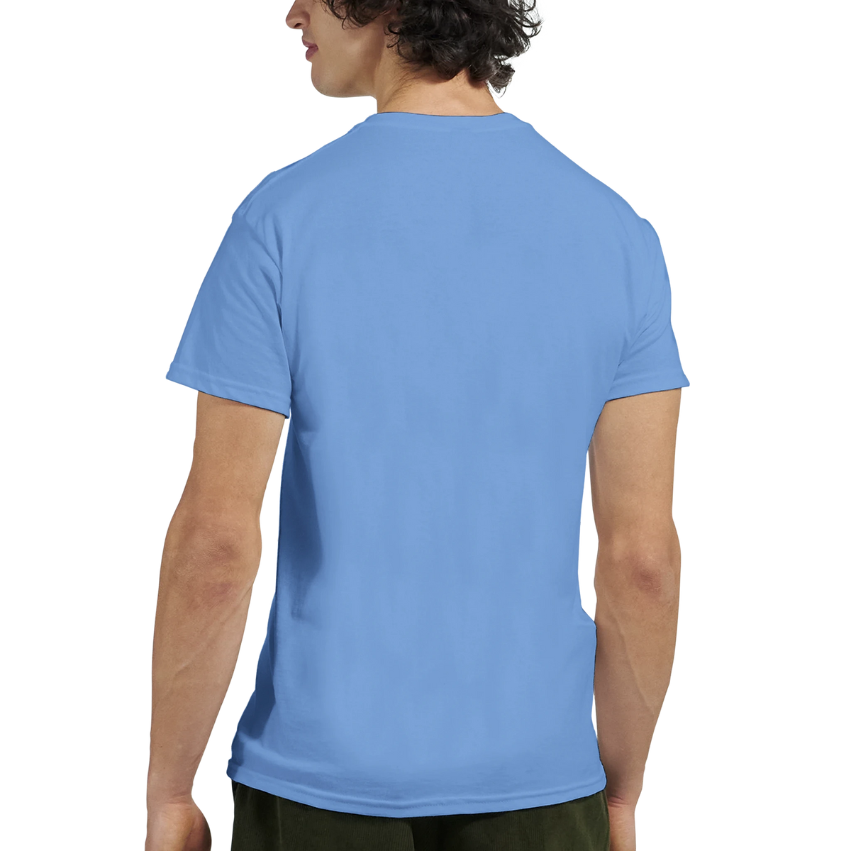 Back view of a person wearing the Pop Art Women Graphic T-Shirt for Men in blue, colourful retro streetwear.