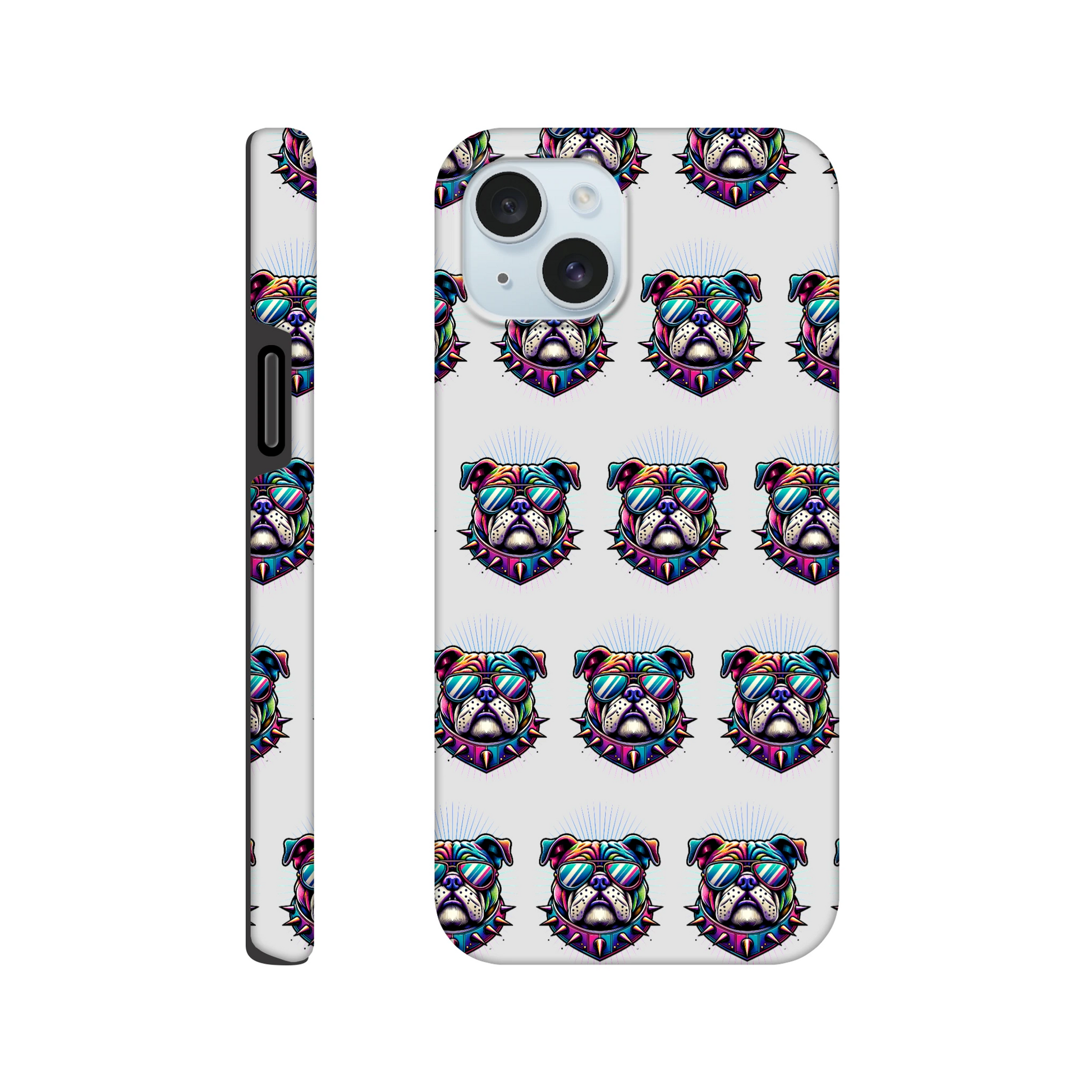 Neon bulldog head wearing sunglasses, repeated pattern on a glossy dual-layer iPhone case with wraparound print.