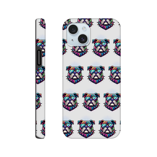 Neon bulldog head wearing sunglasses, repeated pattern on a glossy dual-layer iPhone case with wraparound print.