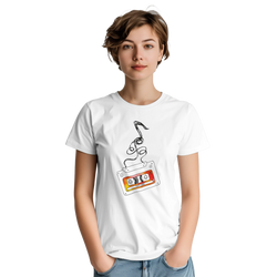 White women's t-shirt with retro cassette tape graphic and unspooling black tape. Vintage 90s music aesthetic streetwear top.