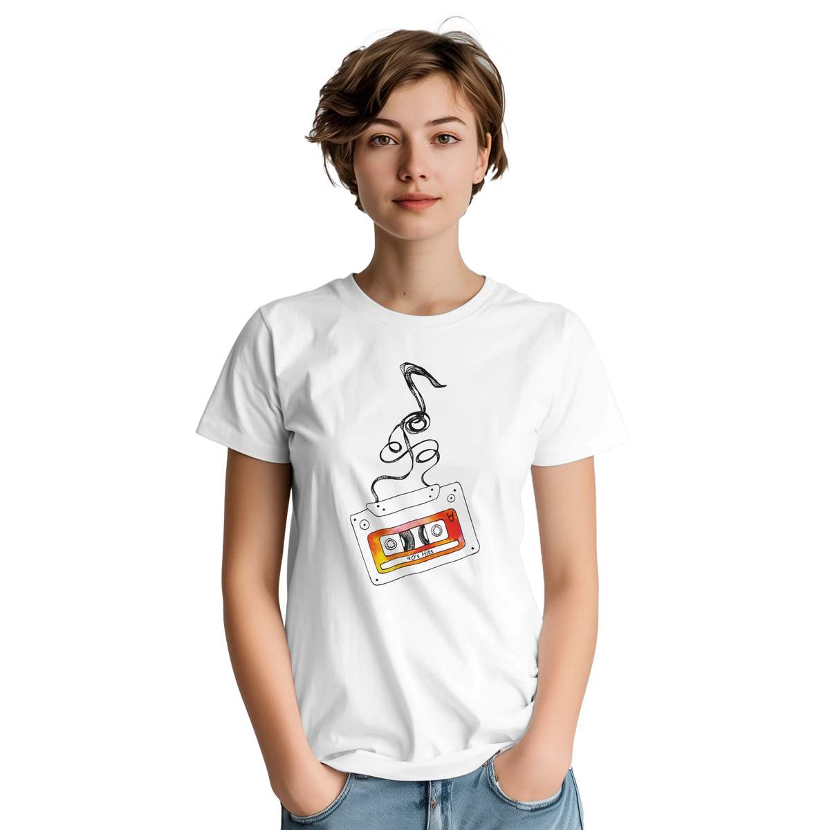 White women's t-shirt with retro cassette tape graphic and unspooling black tape. Vintage 90s music aesthetic streetwear top.