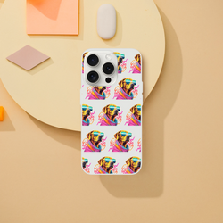 Clear slim phone case featuring a repeating colorful dog wearing sunglasses pattern for iPhone 13-16