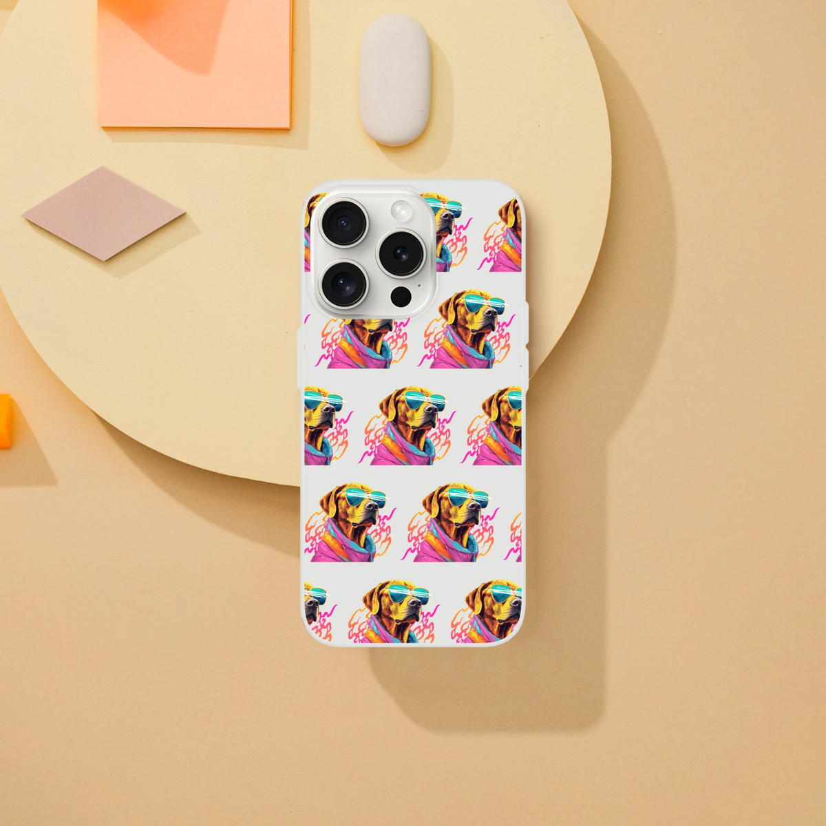 Clear slim phone case featuring a repeating colorful dog wearing sunglasses pattern for iPhone 13-16
