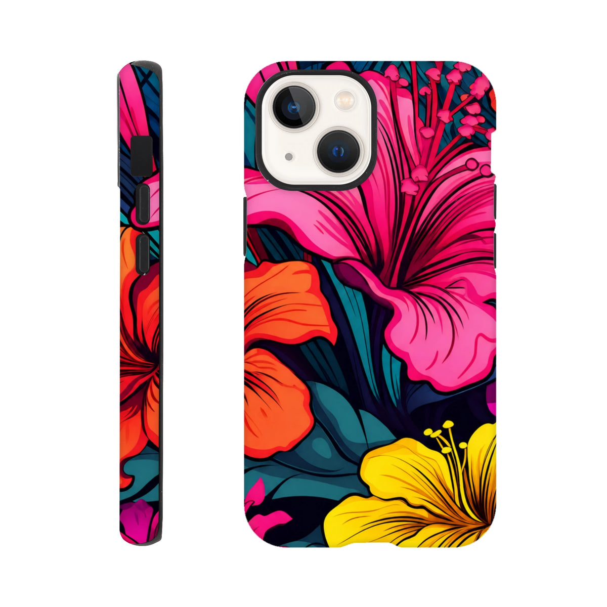 Vibrant tropical hibiscus iPhone case featuring bold pink, orange, and yellow florals with a tough protective wraparound design.