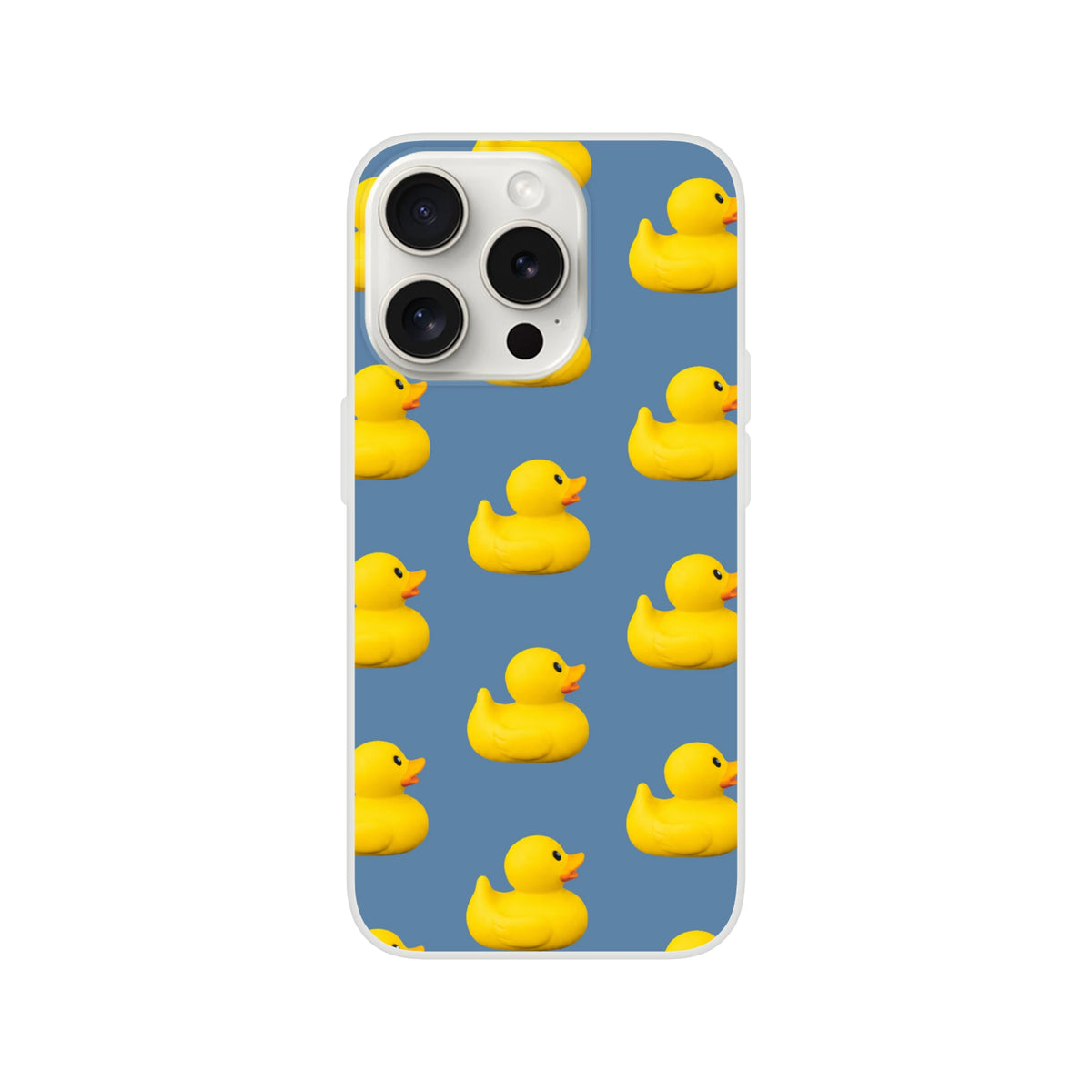 Blue iPhone case with bold rubber duck print and camera cutout, cheerful yellow ducks on a blue background