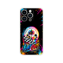 Flat Out car culture iPhone case featuring colorful Urban Palm Trees logo, checkered flag, and vibrant paint splatters on black.