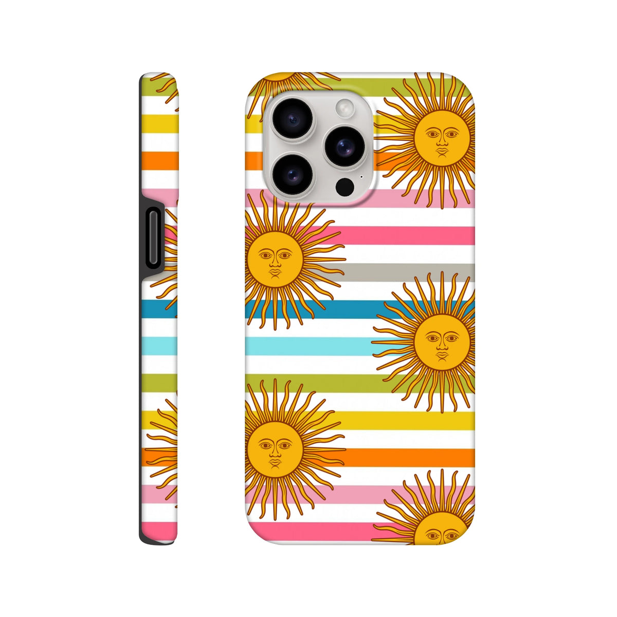 Retro sun stripe iPhone case featuring celestial sun faces with colorful horizontal stripes for durable daily protection.