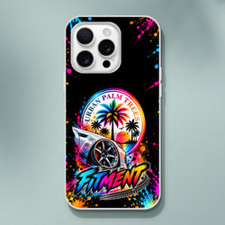 iPhone case featuring lowered car with palm trees, sunset, and colorful "Urban Palm Trees" and "Fitment" graphics on black splatter background.