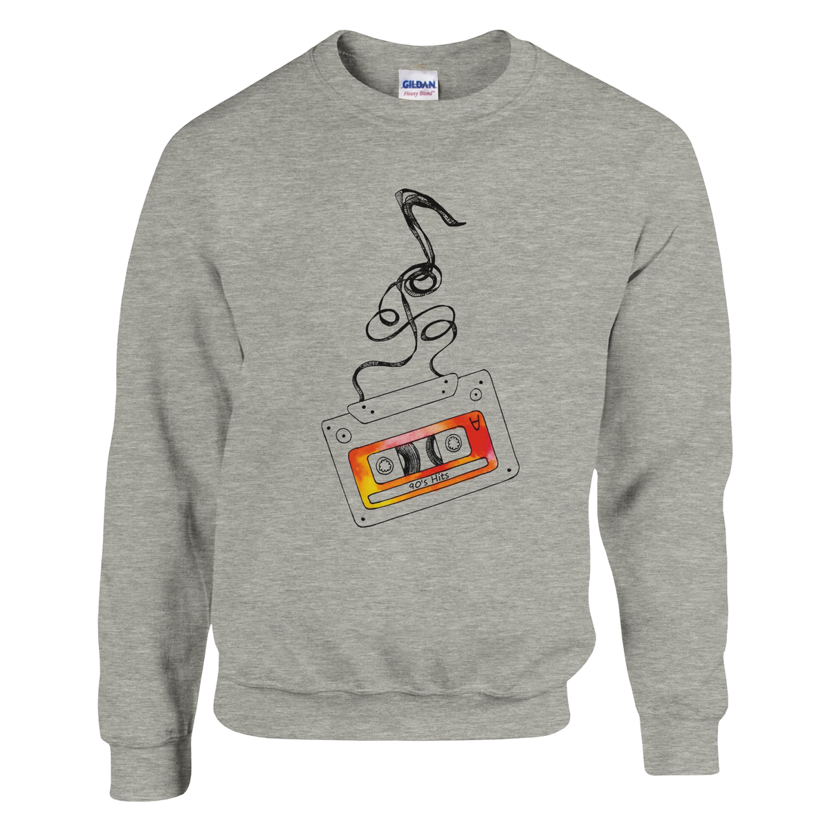 Grey sweatshirt featuring a retro cassette tape graphic with unspooling black tape and colorful "90s Hits" label. Vintage music streetwear.