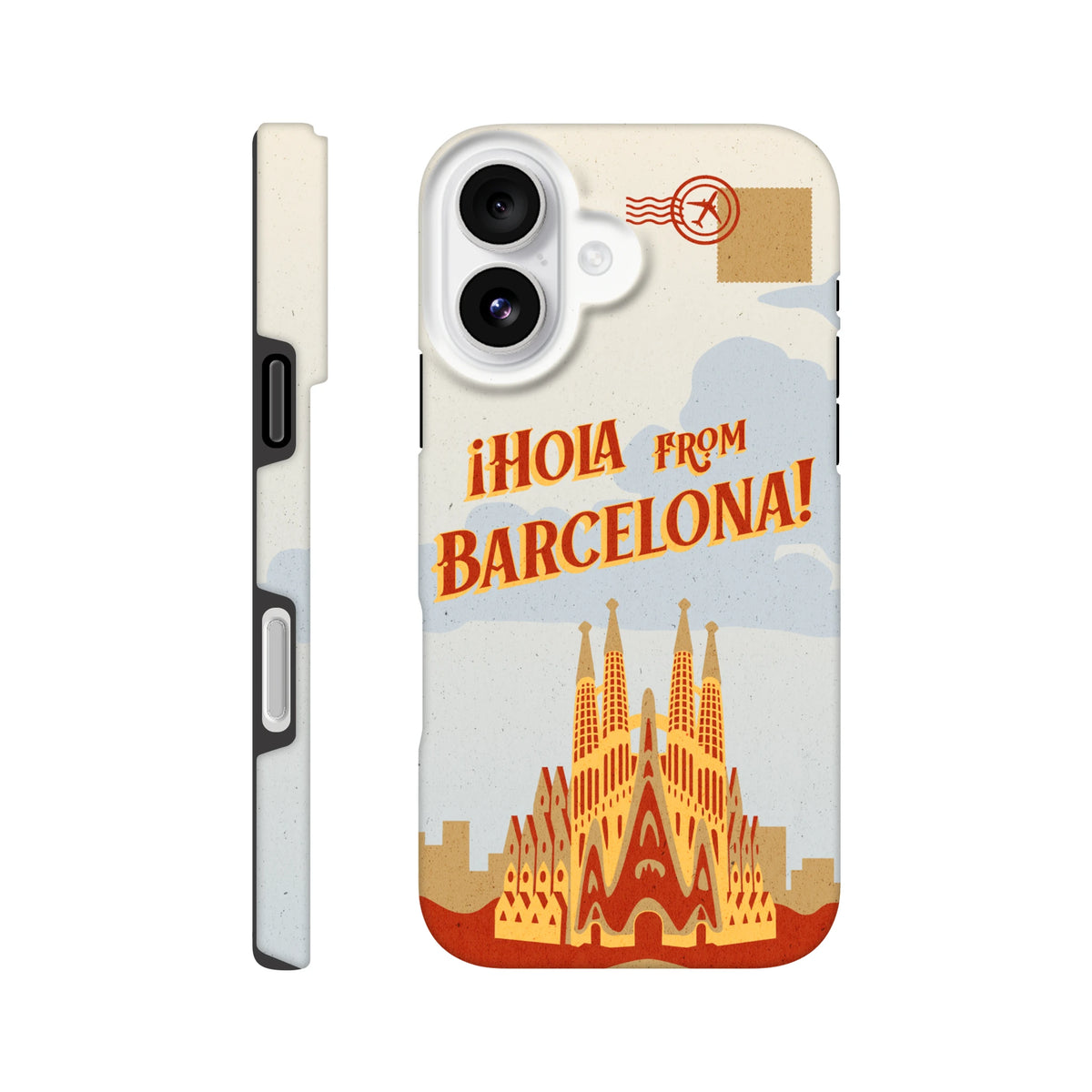 Barcelona travel postcard wraparound tough iPhone case for 13–16, Spain cover with postcard print