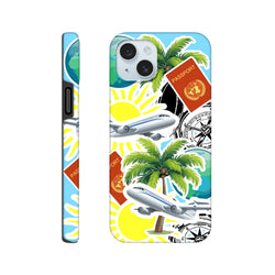 Travel sticker tough iPhone case with palm tree, passport, airplane, and compass collage design for island vibes.