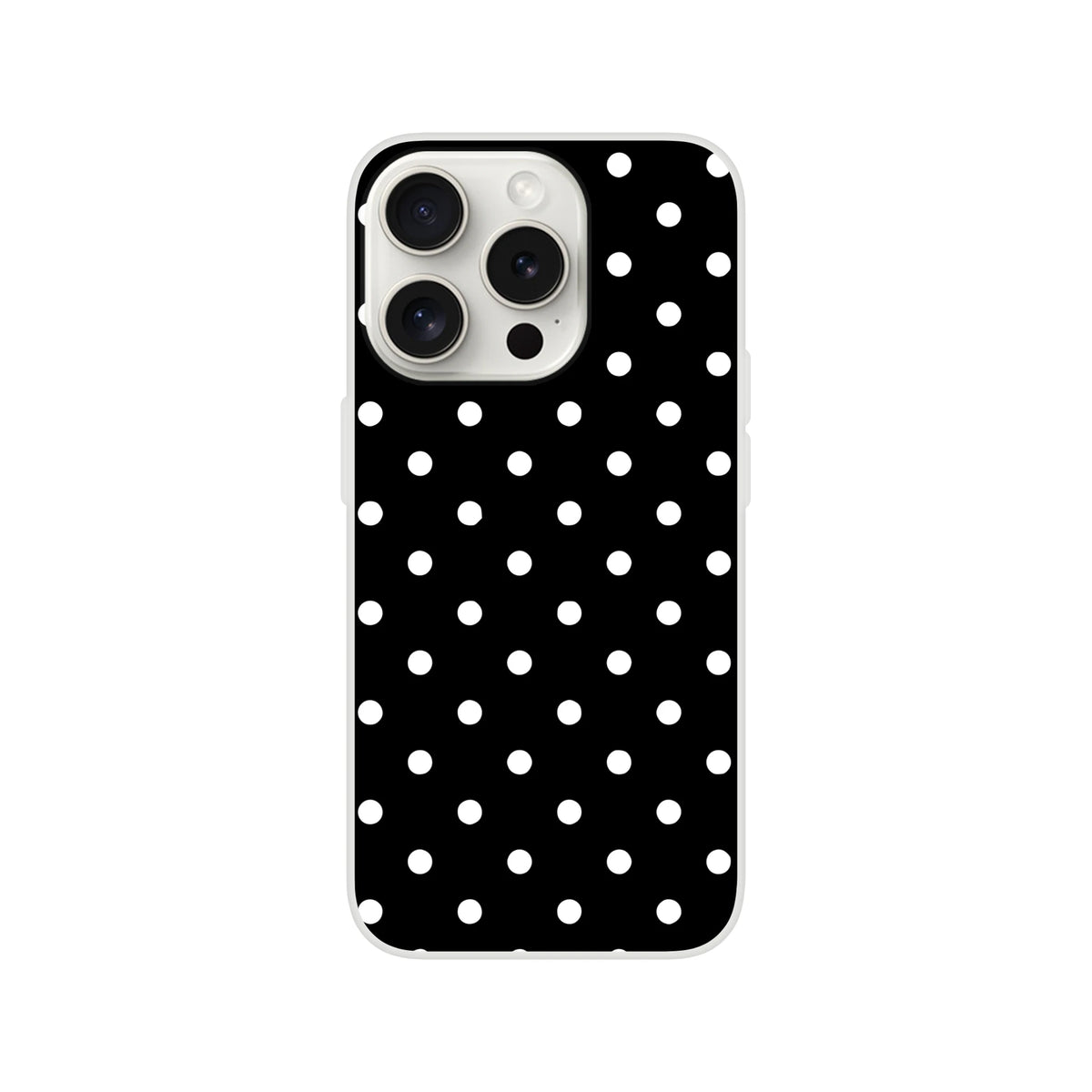 Retro black and white polka dot iPhone case with slim matte TPU finish for drop protection and wireless charging.