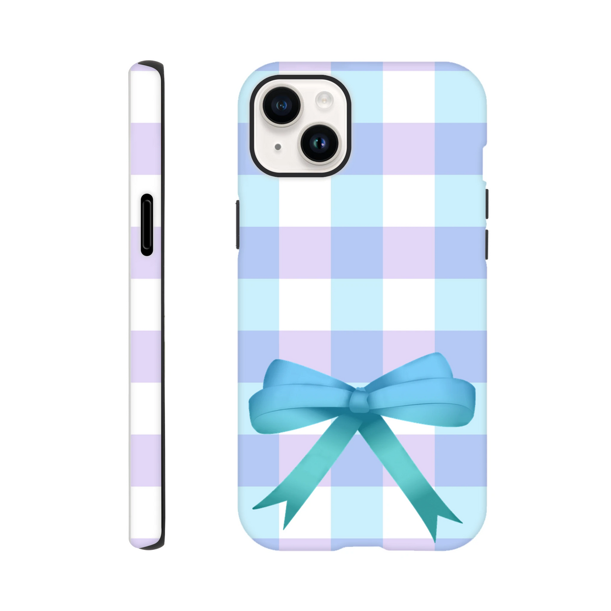 Blue gingham iPhone case with a satin bow. Pastel check protective cover in lavender, light blue, and white. Coquette aesthetic phone accessory.