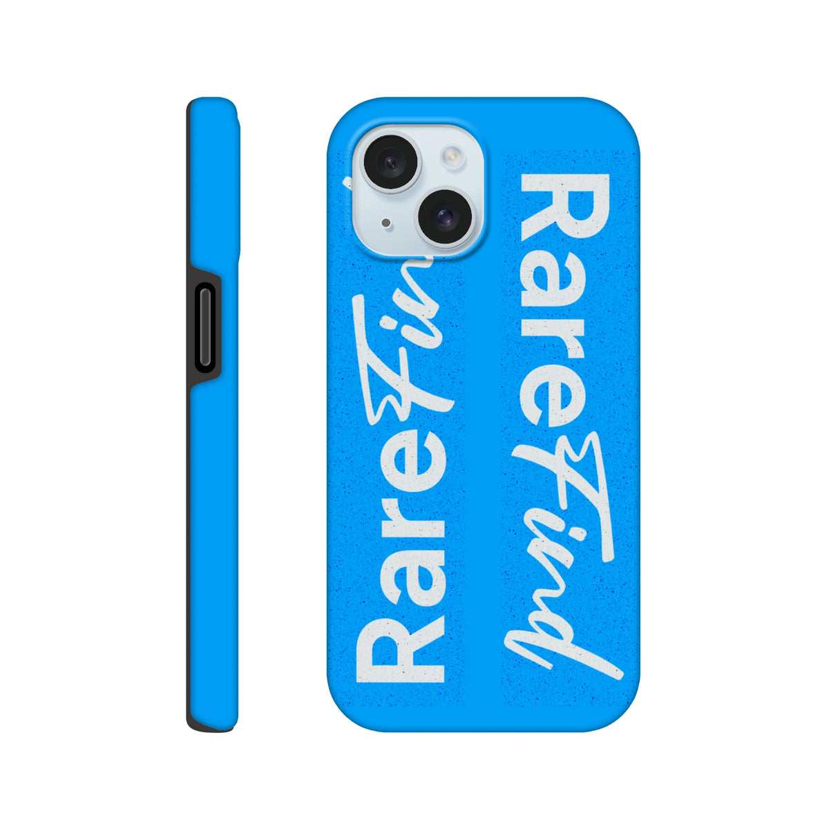 Blue tough iPhone case featuring bold white "Rare Find" slogan print in block and script fonts.