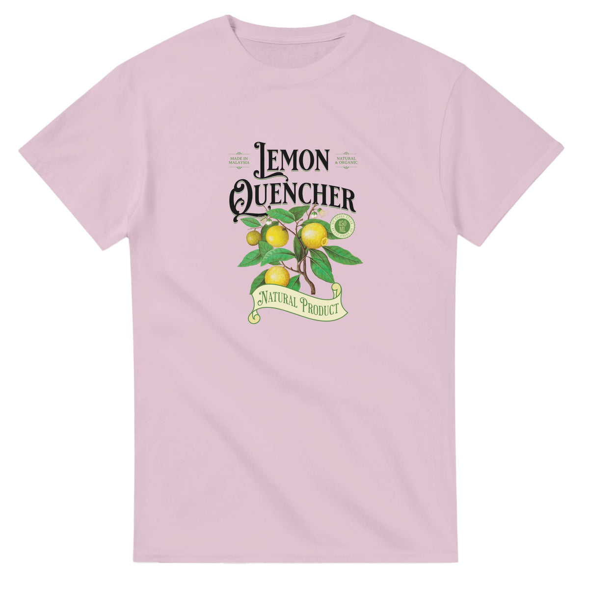 Pink women's graphic tee with lemon tree illustration, bright yellow lemons, and a "Natural Product" banner.