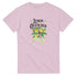 Pink women's graphic tee with lemon tree illustration, bright yellow lemons, and a "Natural Product" banner.