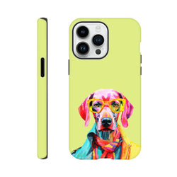 Vibrant lime green iPhone case featuring a colorful pop art dog wearing yellow glasses, a scarf, and a jacket.