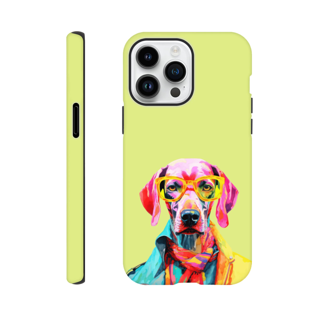 Vibrant lime green iPhone case featuring a colorful pop art dog wearing yellow glasses, a scarf, and a jacket.