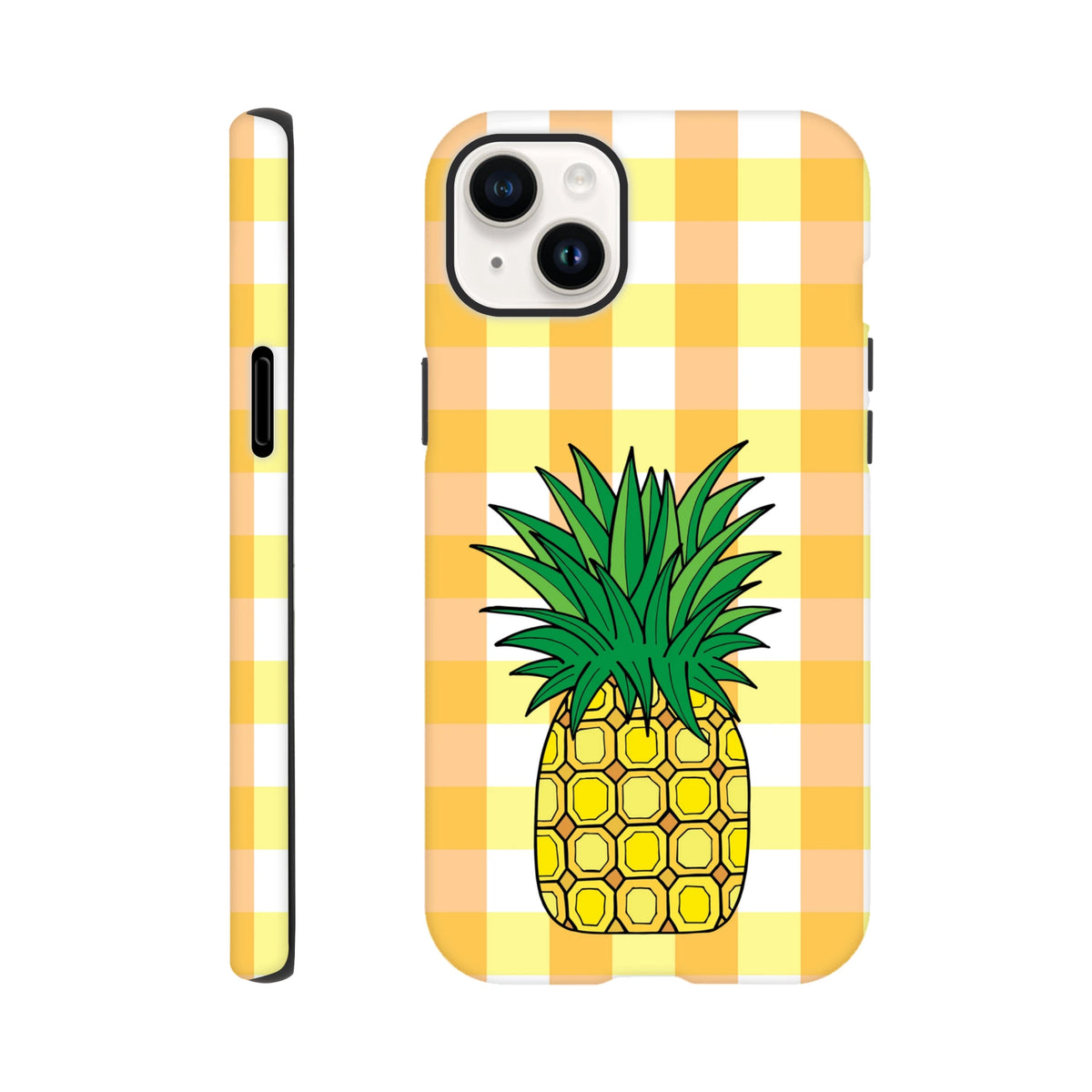 Pineapple gingham tough iPhone case featuring a yellow checkered tropical pattern and cartoon fruit design for drop protection.