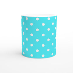 Aqua blue and white polka dot ceramic mug with cute retro aesthetic for daily coffee or tea.