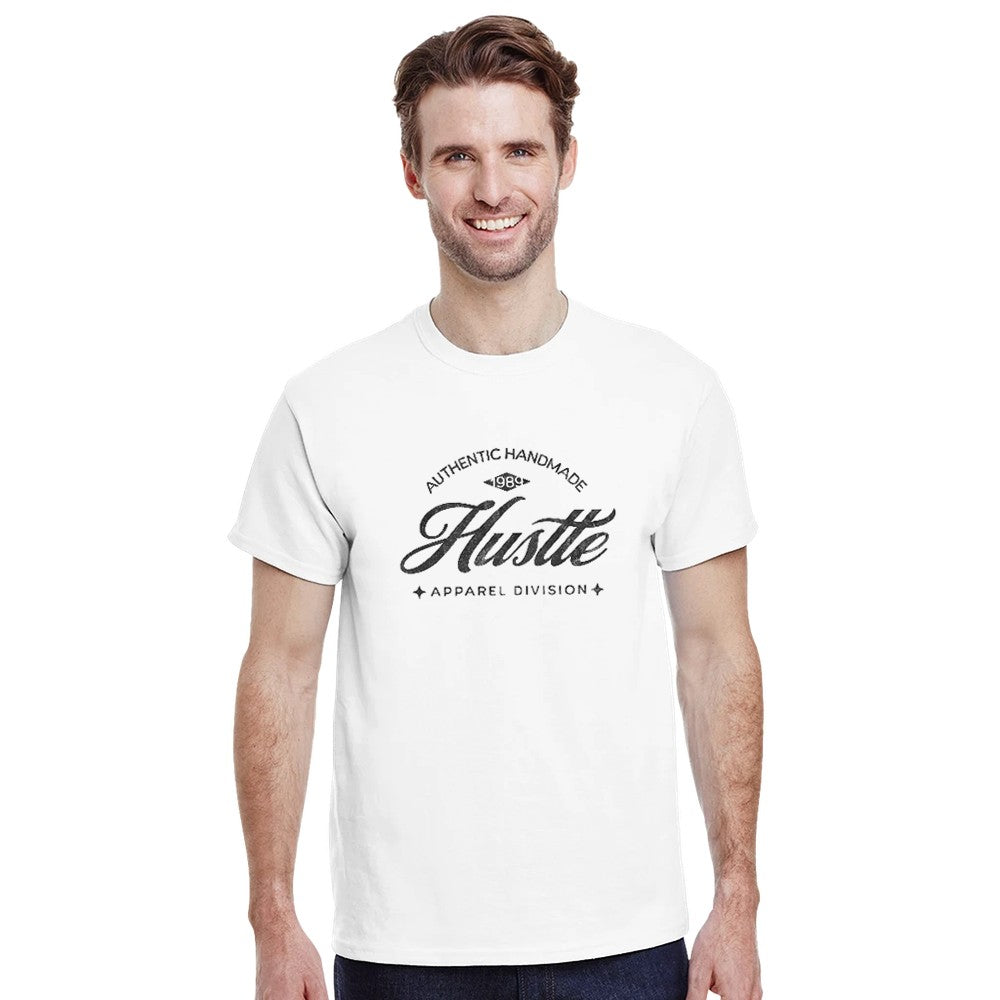 Man wearing white Hustle graphic T-shirt with bold Hustle print on a soft cotton-blend crew-neck.