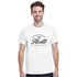 Man wearing white Hustle graphic T-shirt with bold Hustle print on a soft cotton-blend crew-neck.