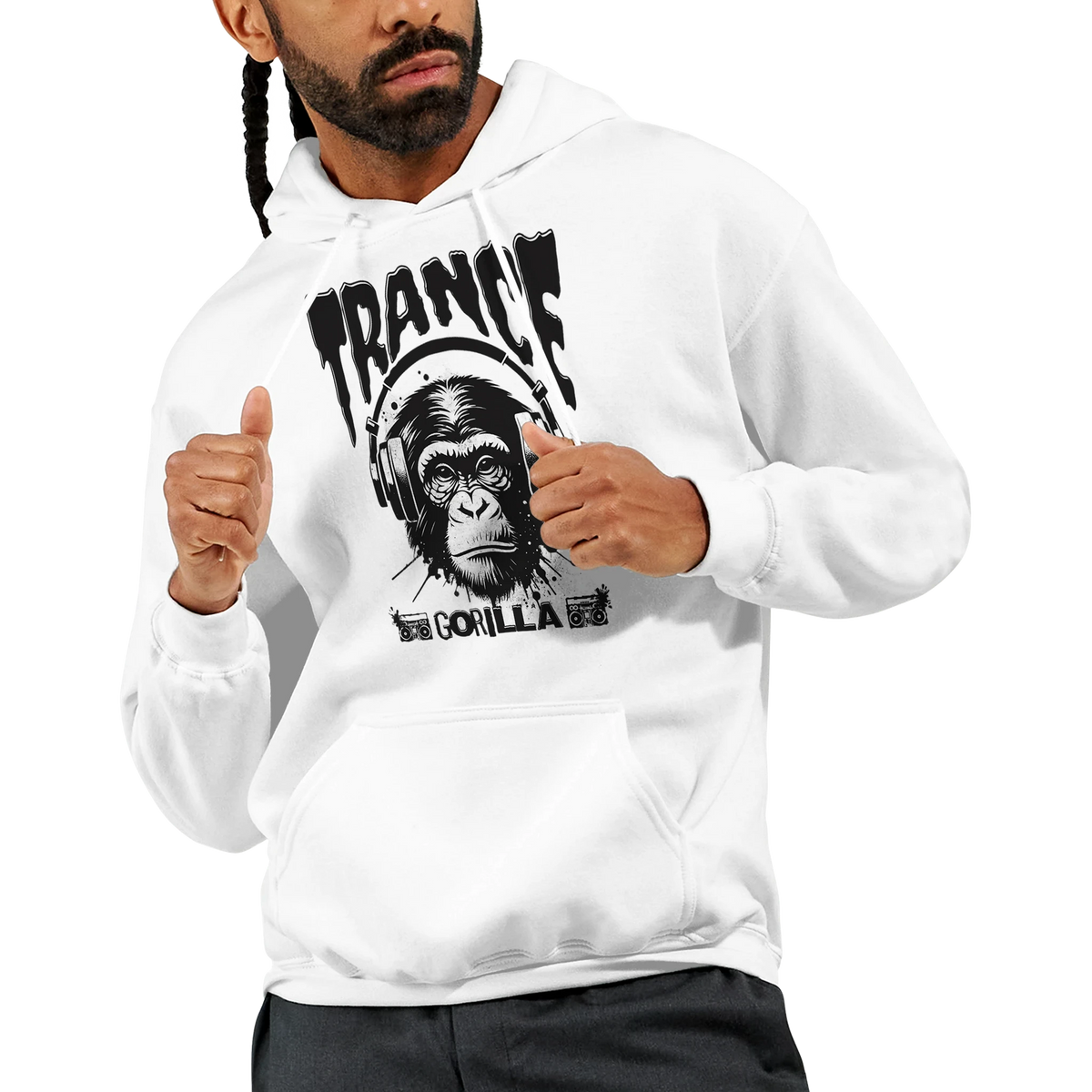 Trance Gorilla men's graphic hoodie in white with bold gorilla artwork, streetwear staple.