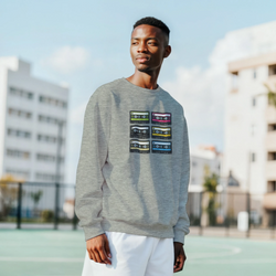 Man wearing grey sweatshirt featuring six colorful retro cassette tape graphics arranged in a grid on the chest.