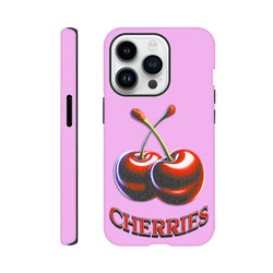 Pink tough iPhone case with retro Y2K cherry graphic and CHERRIES text, designed for daily impact protection.