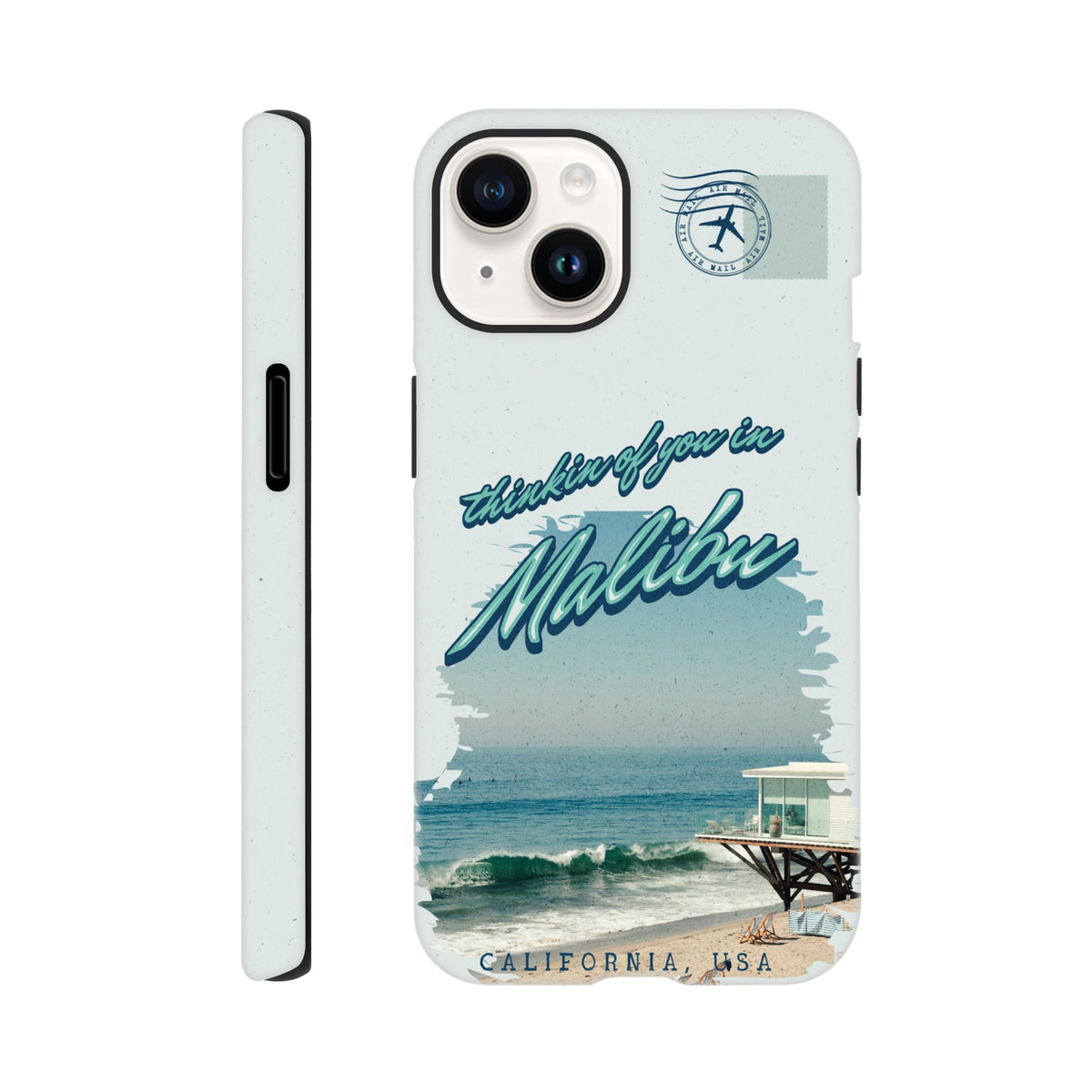 Vintage-style Malibu iPhone case featuring a beach pier graphic, ocean waves, and a retro air mail stamp design.