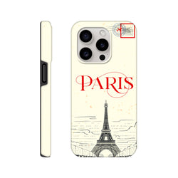 Vintage-style tough iPhone case featuring an Eiffel Tower sketch, red Paris text, and an airmail stamp design for travel lovers.