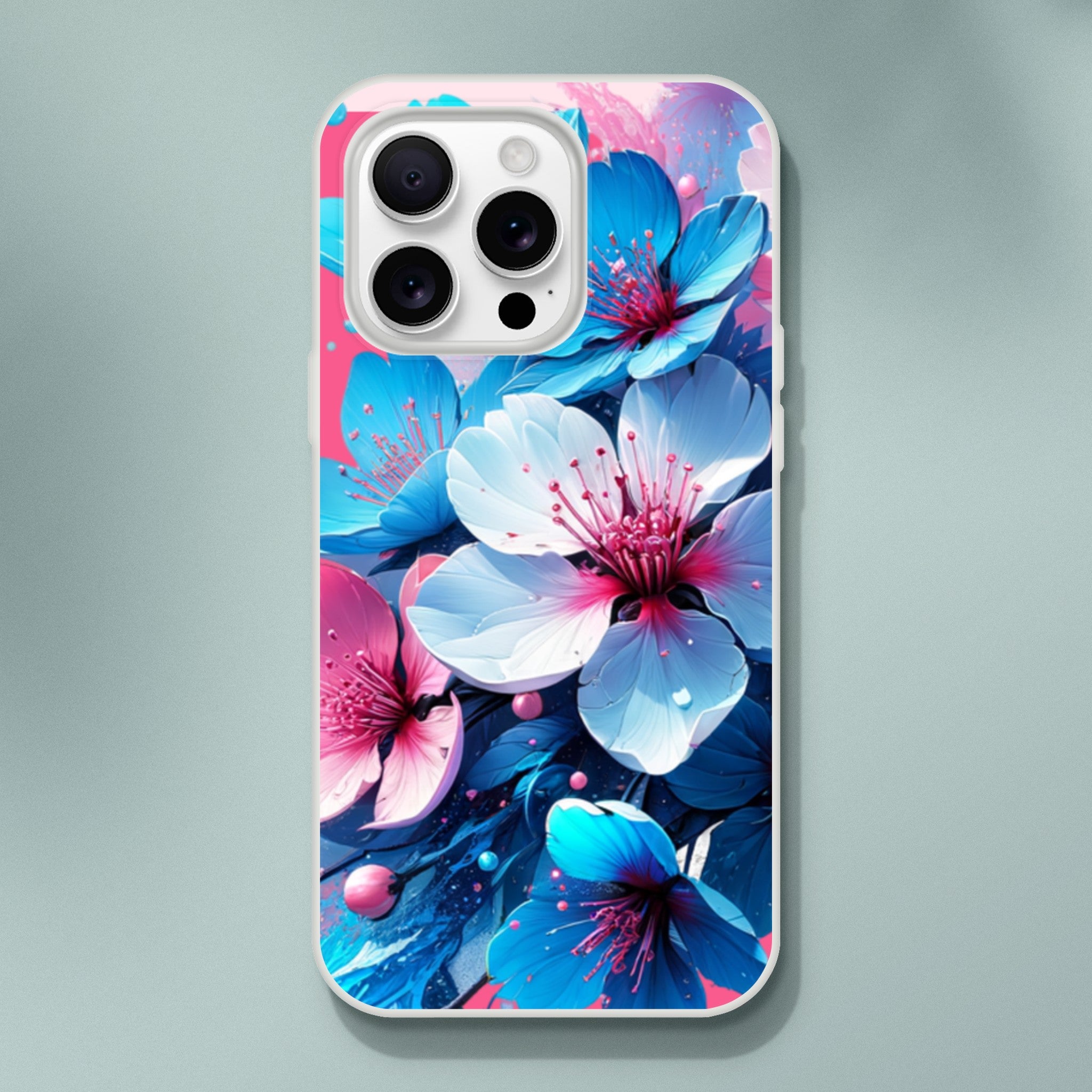 Blossom floral iPhone case with pastel blue and pink flowers, slim TPU protective cover for iPhone 16, 15, 14, 13