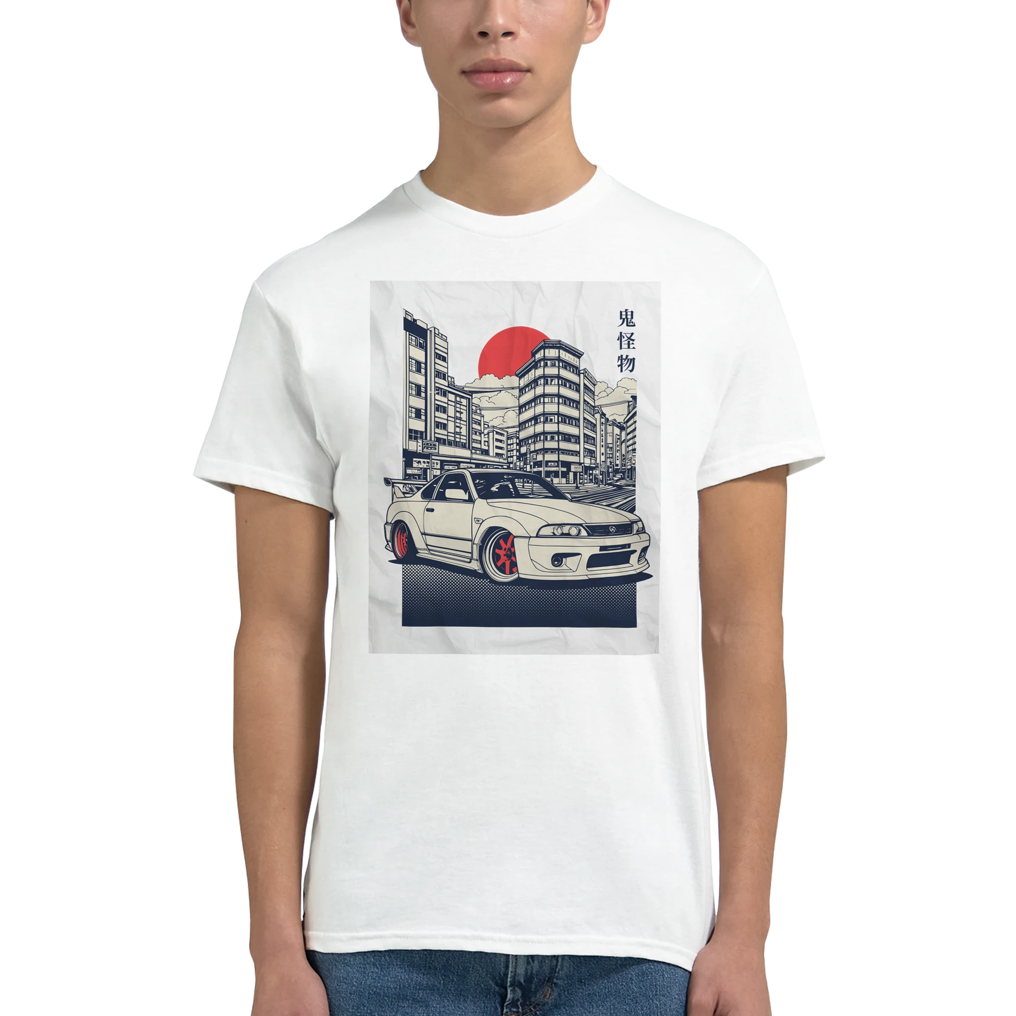 JDM graphic car T shirt in soft white cotton, cityscape backdrop, red sun, and a white coupe with red rims.