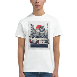 JDM graphic car T shirt in soft white cotton, cityscape backdrop, red sun, and a white coupe with red rims.