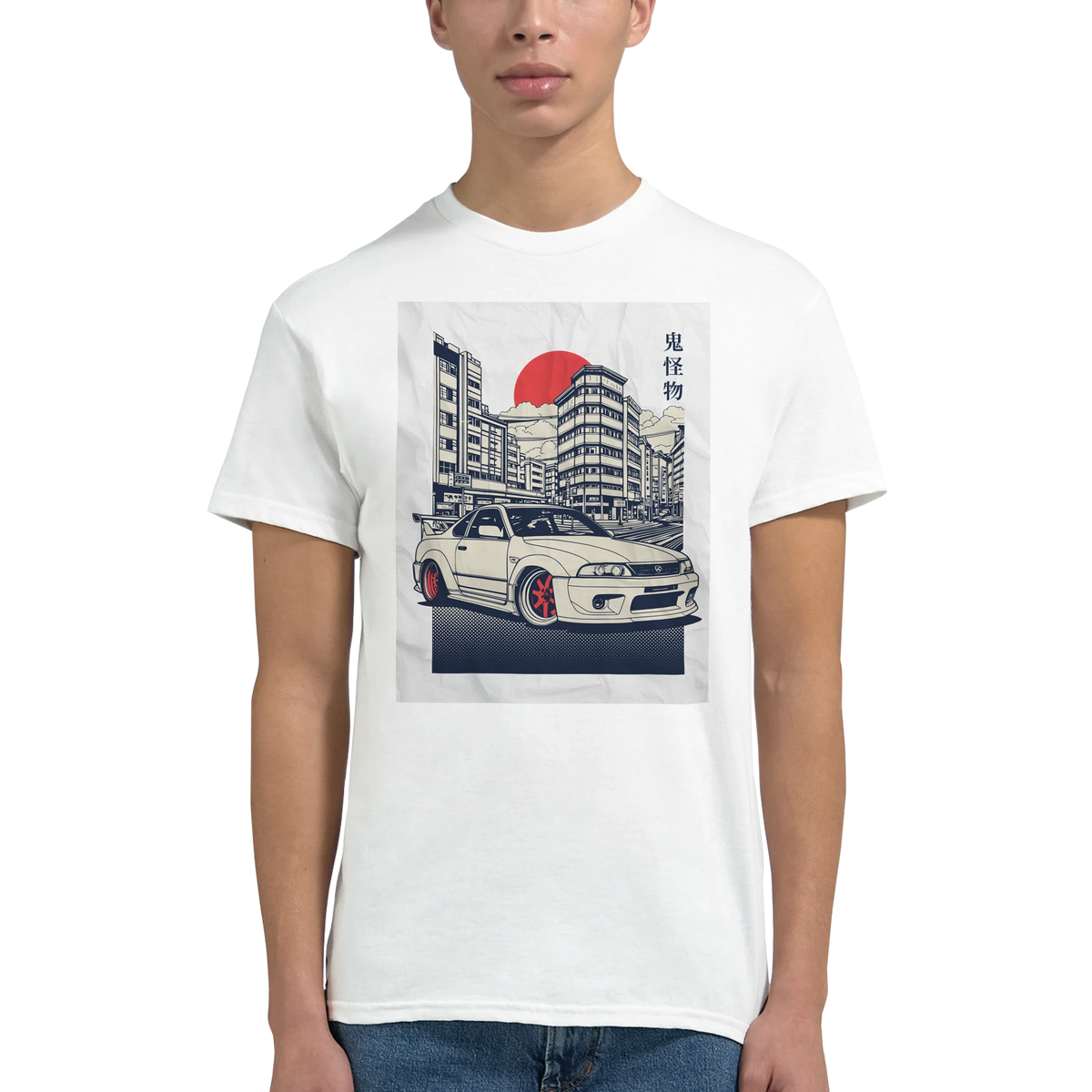 JDM graphic car T shirt in soft white cotton, cityscape backdrop, red sun, and a white coupe with red rims.