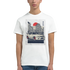 JDM graphic car T shirt in soft white cotton, cityscape backdrop, red sun, and a white coupe with red rims.