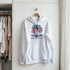 White Palm Tree Women's Hoodie with palm graphic and California text, front kangaroo pocket, drawstring hood.