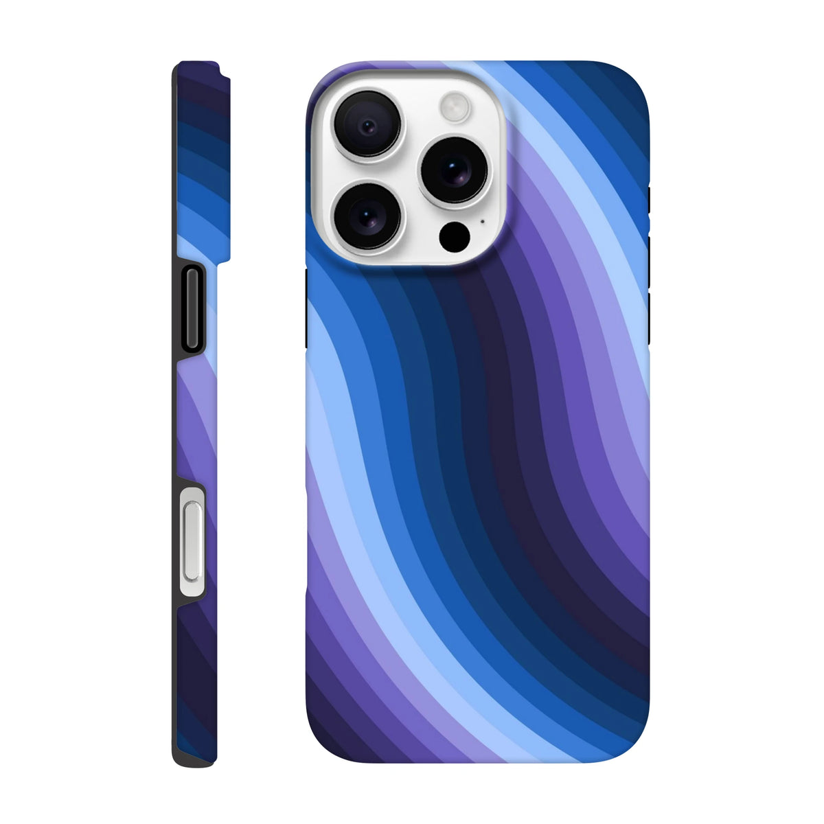 Blue retro wave iPhone case with Y2K wavy stripes and reinforced guard rails for impact protection and wireless charging.
